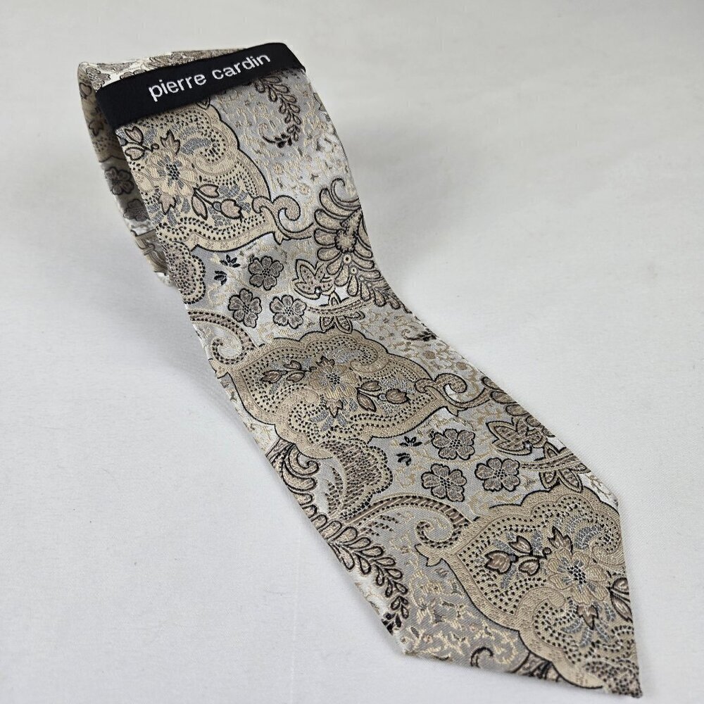 Pierre Cardin 100% Silk Men's Tie Cream Tan Brown Patterned Florals NWT